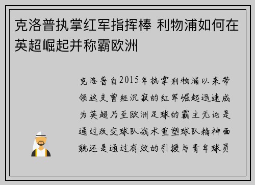 克洛普执掌红军指挥棒 利物浦如何在英超崛起并称霸欧洲